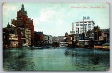 Milwaukee River Steamer Cityscape Barretts Birdseye WI C1920s Postcard Y24