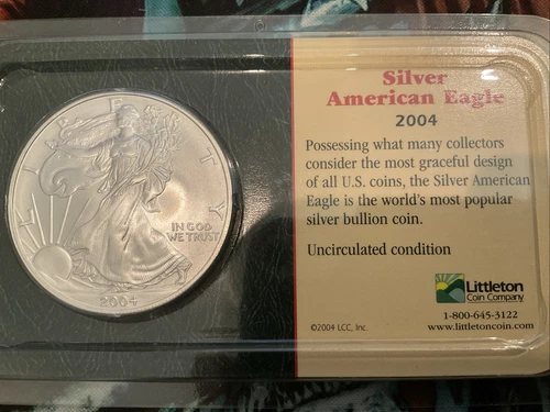 2004 SILVER AMERICAN EAGLE  1 OZ  FINE SILVER LITTLETON HOLDER