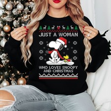 Just A Woman Who Loves Snoopy And Christmas Jumper Printed Funny Xmas Gifts Top