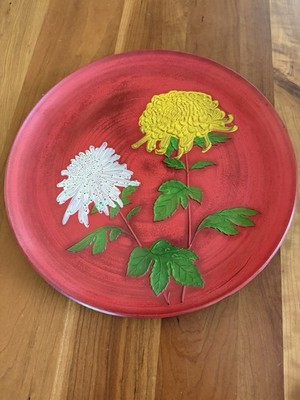 Mid-Century Vintage Red Lacquerware Japan with Chrysanthemum Flowers   13 