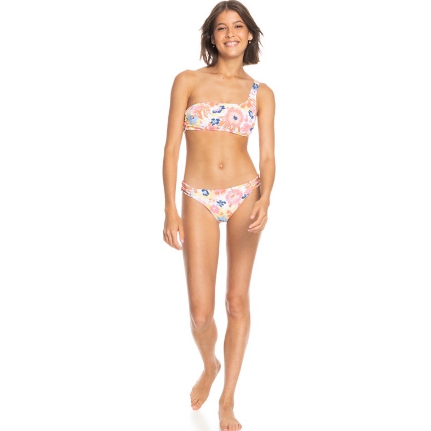 Roxy Womens Floral One Shoulder Bikini Set Multicolor Strappy Swimsuit Medium