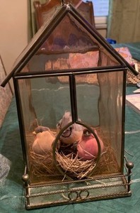 Vintage Pink & Brass Mauve Stained Glass Bird House W/ Birds