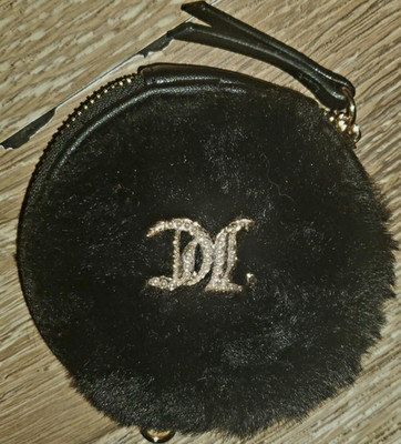 Juicy Couture Black Faux Fur & Pearl Zippered Logo Coin Pouch Keychain Clip