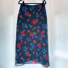 Vintage 90s Blue and Red Rose Printed Black Maxi Skirt
