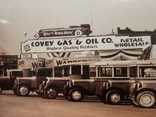 Vintage Photo Photograph Buses Truck Gas & Oil Sign Covey Gas & Oil (D6)
