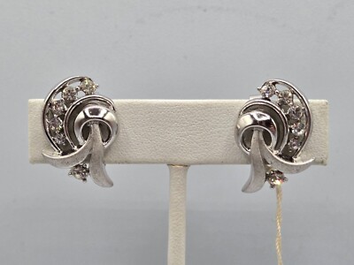 Vintage NOS Crown Trifari Clip Earrings Silver Tone W/ Clear Rhinestone Crystals