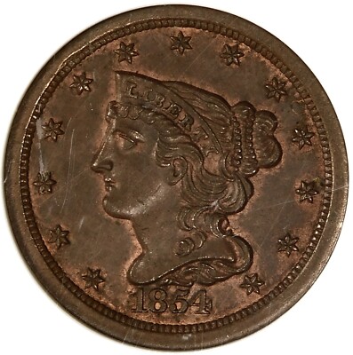        NGC MS65 BN 1854 BRAIDED HAIR HALF CENT 