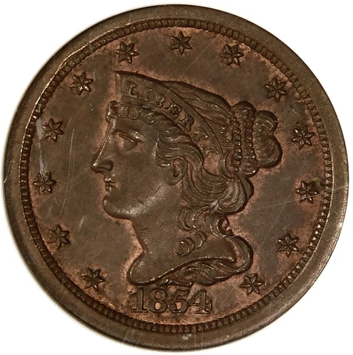 🤎🔥🤎🔥👍🏿😍👍🏿NGC MS65 BN 1854 BRAIDED HAIR HALF CENT 