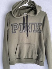 Victoria Secret PINK hoodie sweatshirt sz M women's fleece Logo Military Green