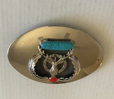 Vintage Southwest Silver Tone Men  s Turquoise And Coral Belt Buckle