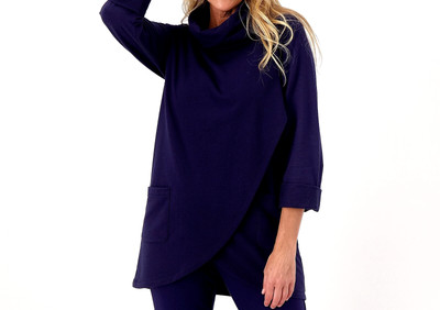 Studio Park x Jayne Brown French Terry Cowl Neck Tunic Top- Navy, Large