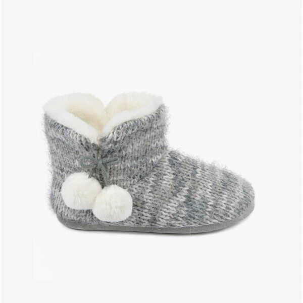 Totes Toasties Knitted Boot Slippers Pom Pom Women s Memory Foam Warmth Grey