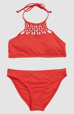  159 Hobie Kids Girl's Red Macrame High-Neck Hipster Two-Piece Swimsuit Set 12