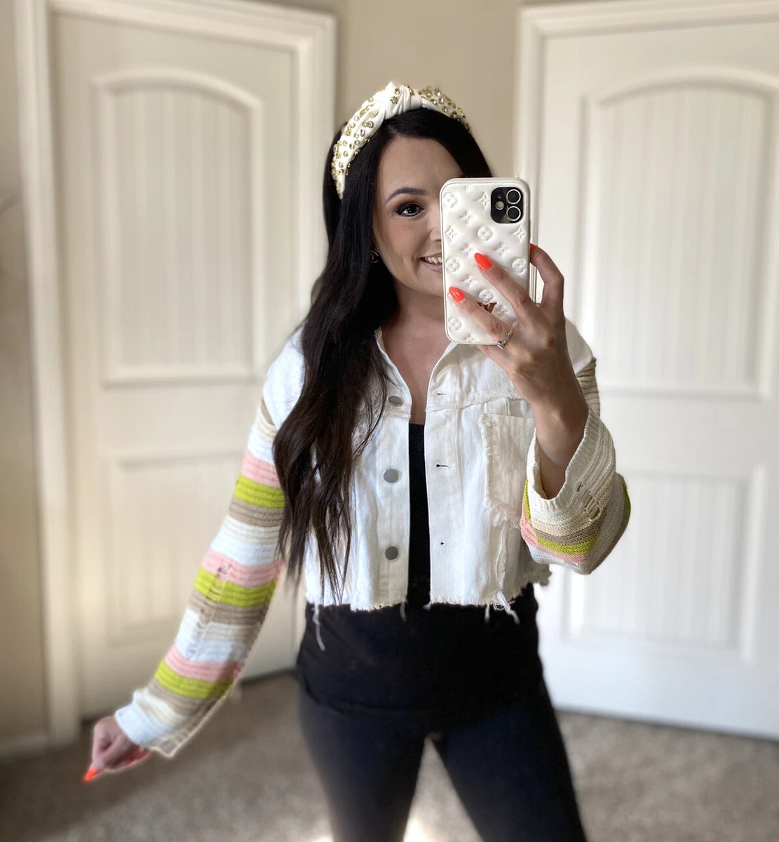 Denim jacket clearance with crochet sleeves