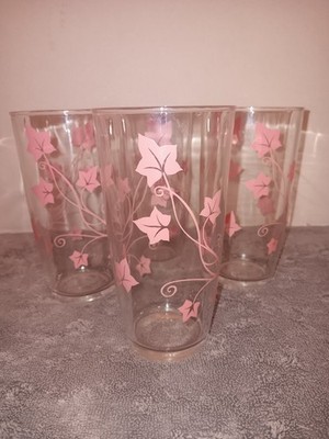 Lot Of 4 Vtg Hazel Atlas Pint Sour Cream Glasses RARE Pink Ivy Vine