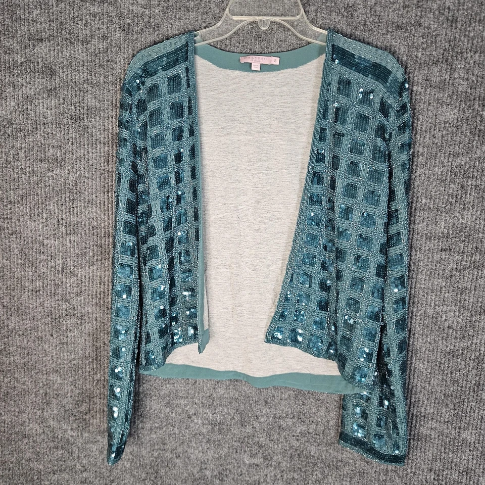Cárdigan de lentejuelas Calypso St. Barth para mujer pequeño verde azulado frente abierto mezcla de seda fiesta Foto 3 de 4