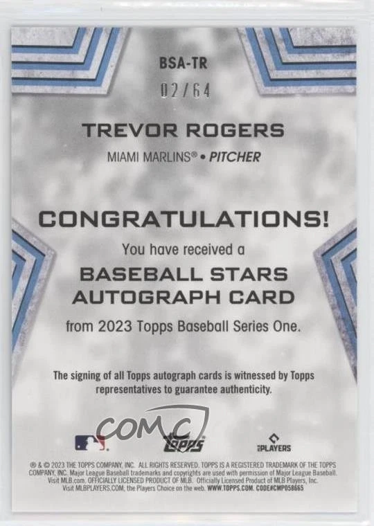 2023 Topps Series 1 Baseball Stars Auto Black /199 Trevor Rogers #BSA-TR Auto - Image 2 of 2