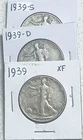 1939 P D S Walking Liberty Half Dollars Nice Trio Fine Conditions