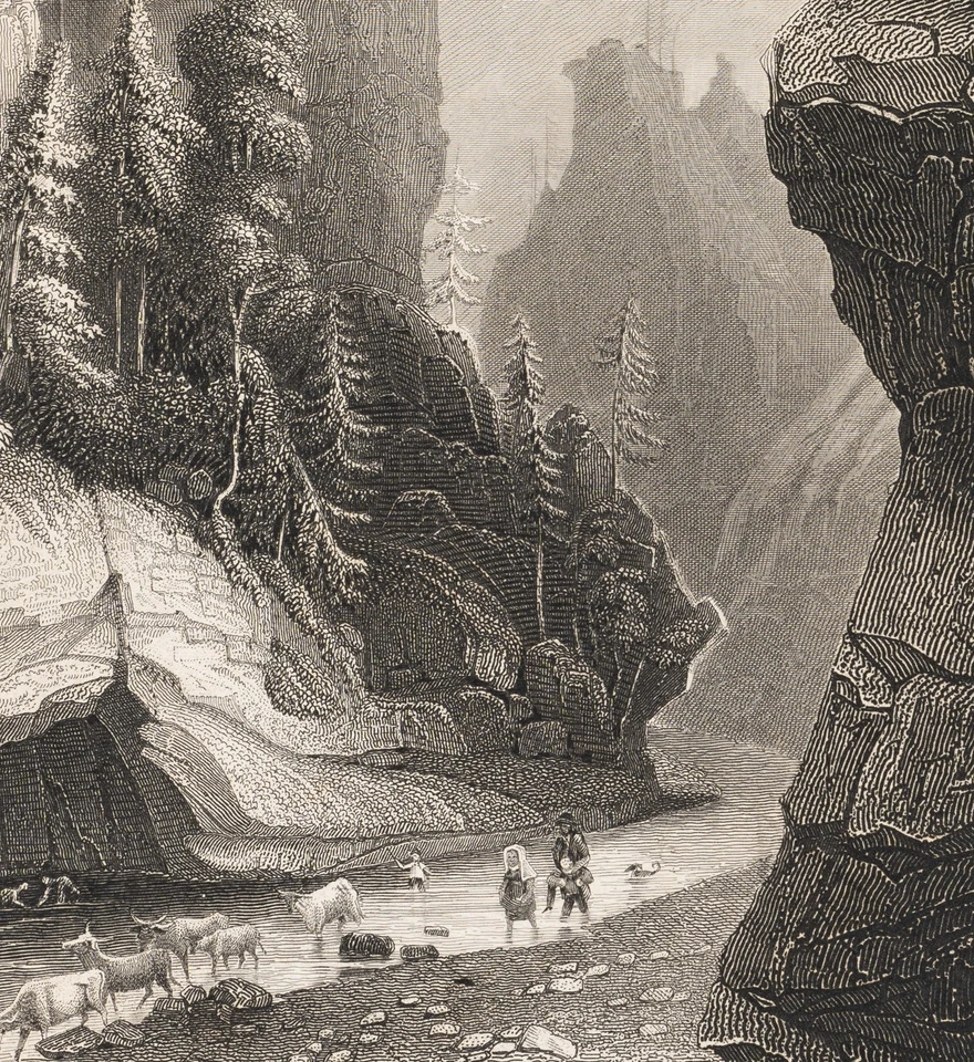 PAYNE (*1812) nach MAYER (*1791), Felsenschlucht mit Wanderern, Sst. Romantik - Bild 3 von 4