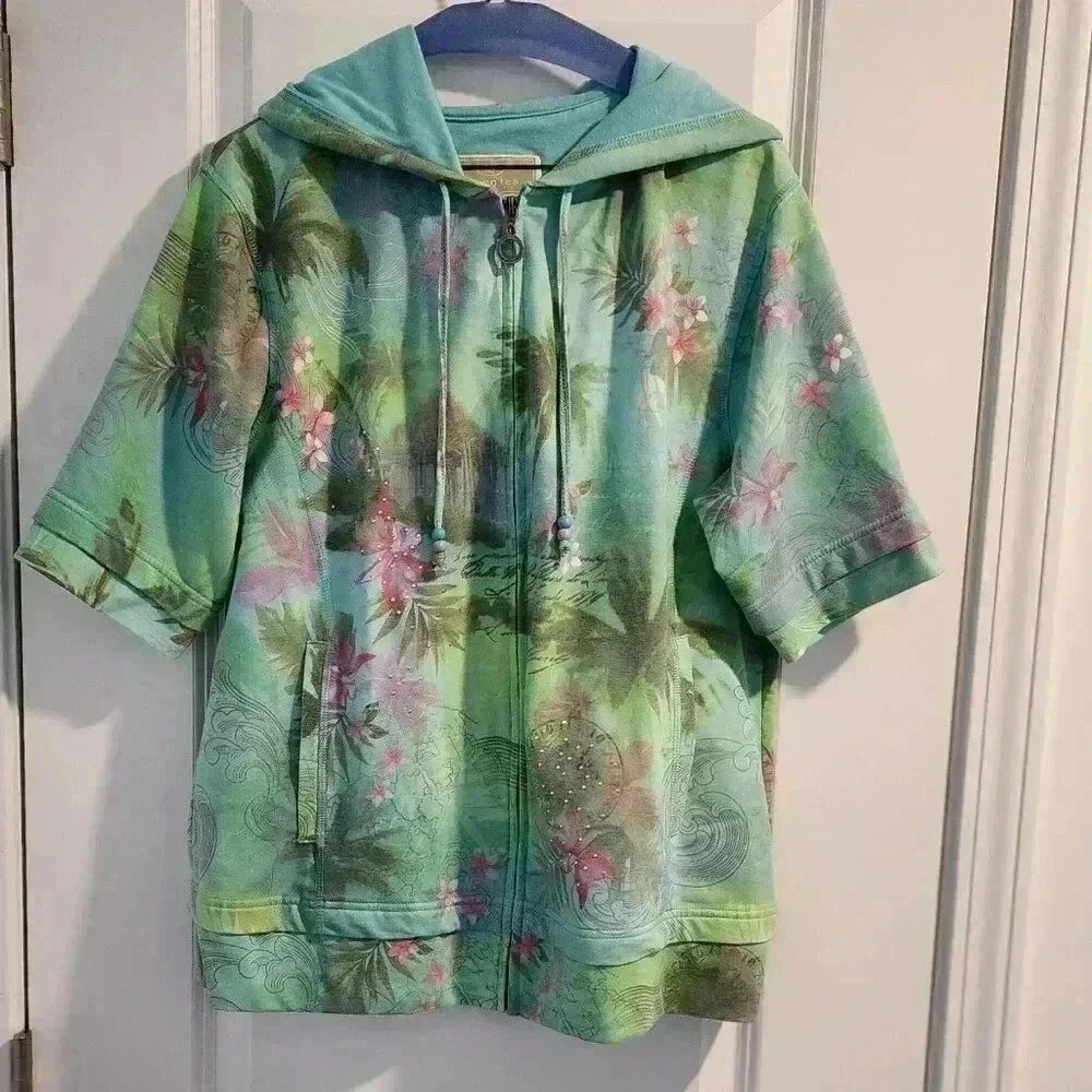 Green Tea Womens XXL Tropical Floral Short Sleeve Zip Up Hoodie Rhinestone Teal