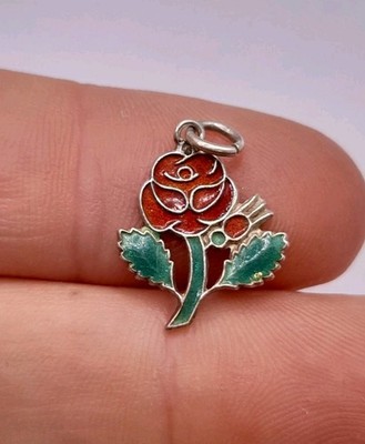 Kleiner Vintage Sterling 925 Silber Emaille Lancashire Rose Anhänger Charm emailliert