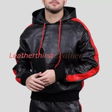 Men's & boys black Premium Leather Hoodie| Genuine Soft Sheepskin leather Jacket
