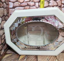 Glass Top Jewelry Box With Etched Floral Design Iridescent Border Hinged Lid