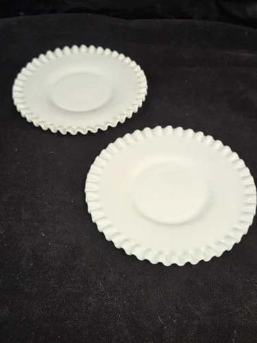 Set of 2 VTG Fenton Hobnail Milk Glass #3816 Salad Plates Crimped Edge 8"