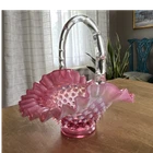 Fenton Pink Hobnail Art Glass Decorative Basket with Clear Handle, 8" x 5" x 8"