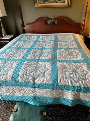 Hand Made and Embroidered Quilt, Teal and White, Queen size, New