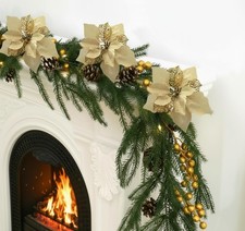 1pcs 6ft Norfolk Pine Christmas Garland with Lights Poinsettia Pinecone , Rea...