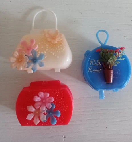 Vintage Barbie Set Of 3 Floral Purses White Red Hong Kong Blue Rain Bonnet Case