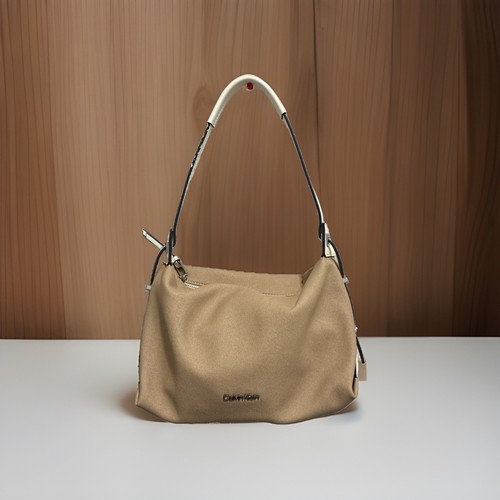 Calvin Klein Metal Logo Zip Top Womens Shoulder Bag, Taupe Desert Sand $158 Msrp