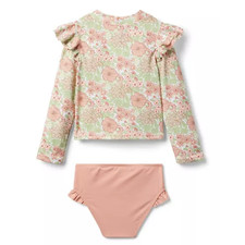 Janie and Jack Girl's 6 Rosy Coral Floral Ruffle Swimsuit Rash Guard Set G9-25