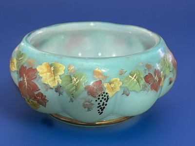 Vintage Fenton Aqua Satin Glass Rose Bowl Grape & Vine Hand Painted USA