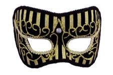 Mardi Gras Mask Blk Velvet Eye Mask W/ Gold Trim Glitter Jewel On A Headband