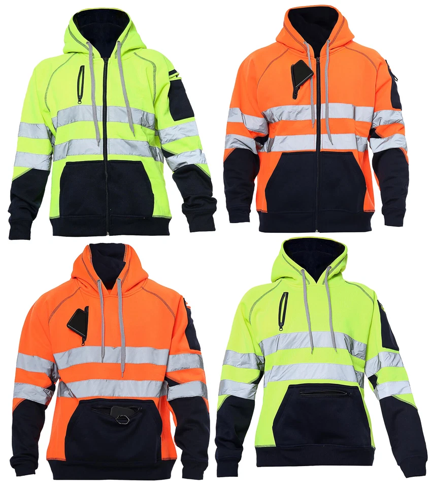 New Hi Viz Vis High Visibility Jacket Hoodie Work 3 Zip Hooded sweatshirt Fleece
