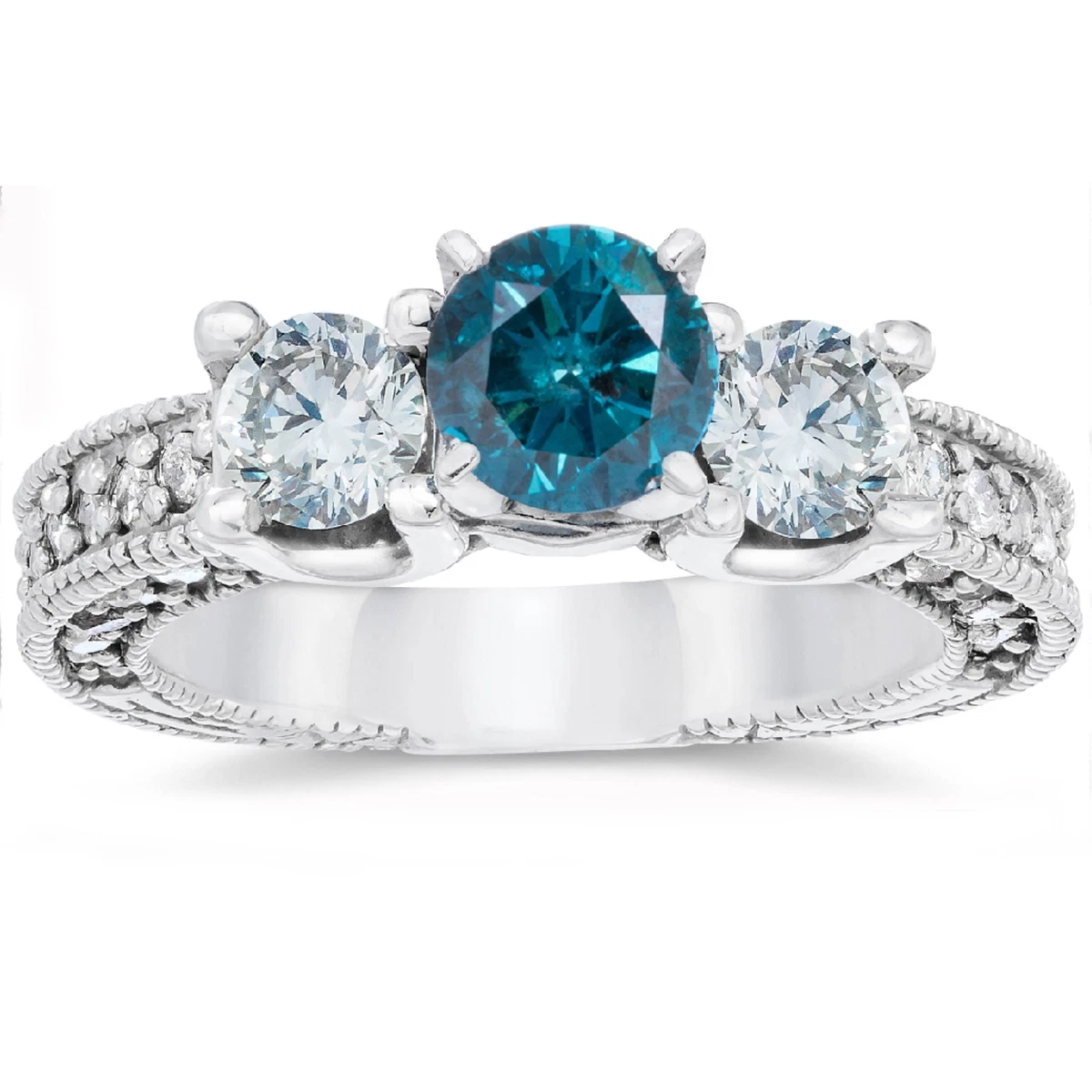 2ct Heirloom Vintage Blue Diamond Engagement Ring 14K White Gold