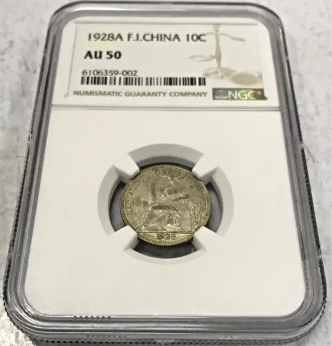 1928-A French Indo-China 10 Cent Silver Key Date KM #16.1 NGC AU50