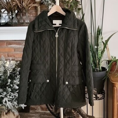 Michael Kors Womens Zip Up Quilted Lined Chore Jacket Olive Green Sz Medium 