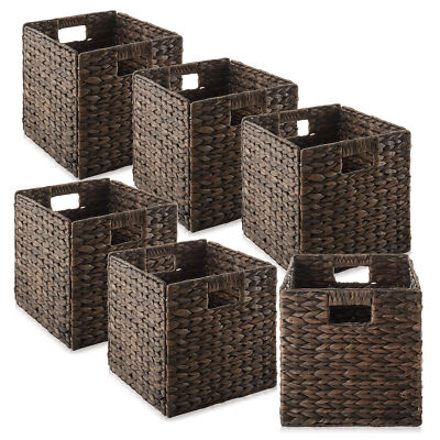 Set of 6 Hyacinth Storage Cubes, 10.5'' Wicker Basket Bins for Shelves, Espresso