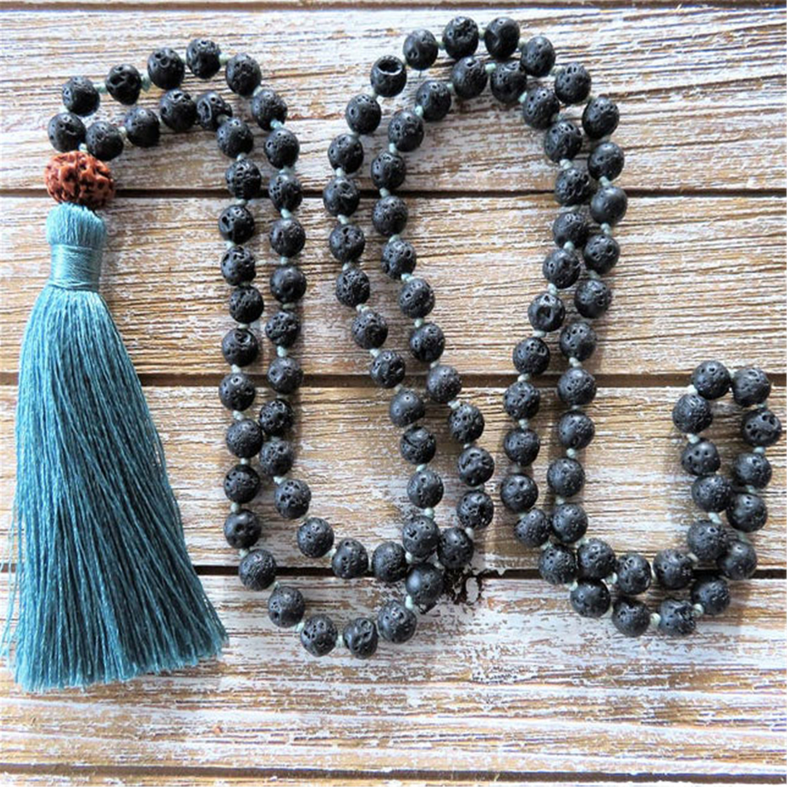 8mm Natural Lava Stone 108 Bead Handmade Tassel Necklace for Healing and Unisex Style