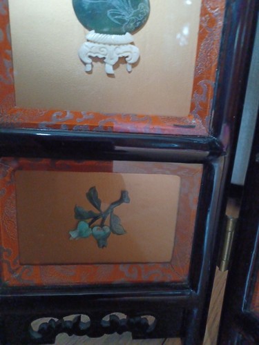 Vintage Chinese Black Lacquer & Hard Stone Carvings 4 Panel 3D  Table Screen  - Picture 13 of 24