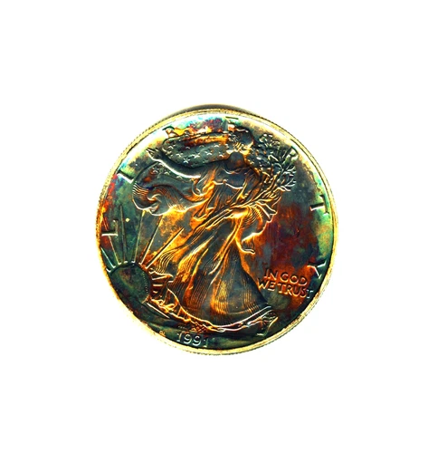 1991 GEM BU RAINBOW TONED AMERICAN SILVER  Eagle 1 Oz .999 Silver 989