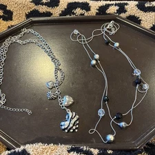 Silver Tone Heart Dangle Necklace Zebra Stripe 30” + Black Gray Bead Station 20”