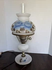 Vintage Milk Glass Blue Flowers Turn Key Painted Rose Lamp Hurricane Lamp