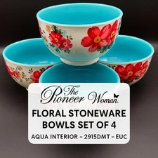 The Pioneer Woman Floral Stoneware Bowls Set of 4 – Aqua Interior – 2915DMT –...