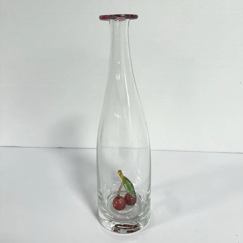 Vintage Art Glass Vase with Cherries Cherry MCM Murano STYLE - Hungary  READ