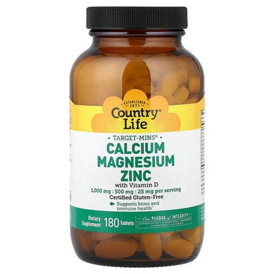 Country Life Target-Mins Calcium Magnesium Zinc 180 Tablets Gluten-Free, GMP