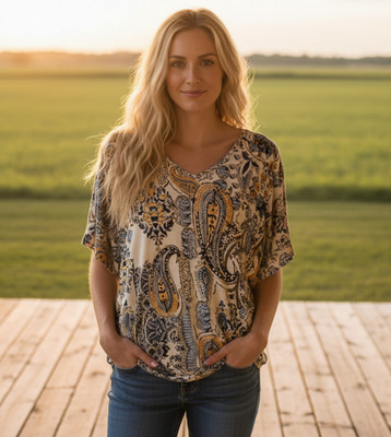 Maurices 1X Top Tee Dolman Paisley Blue Gold 70s Retro Coastal Boho Casual Folk